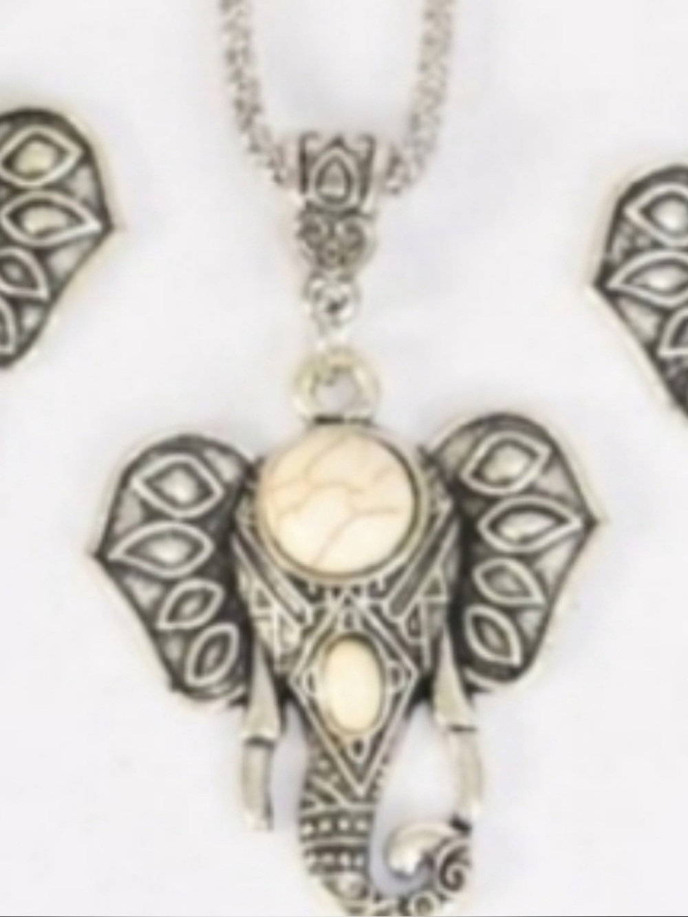 ELEPHANT Necklace White Ivory Stone Pendant Vintage look Silver pl NEW in pkg. …